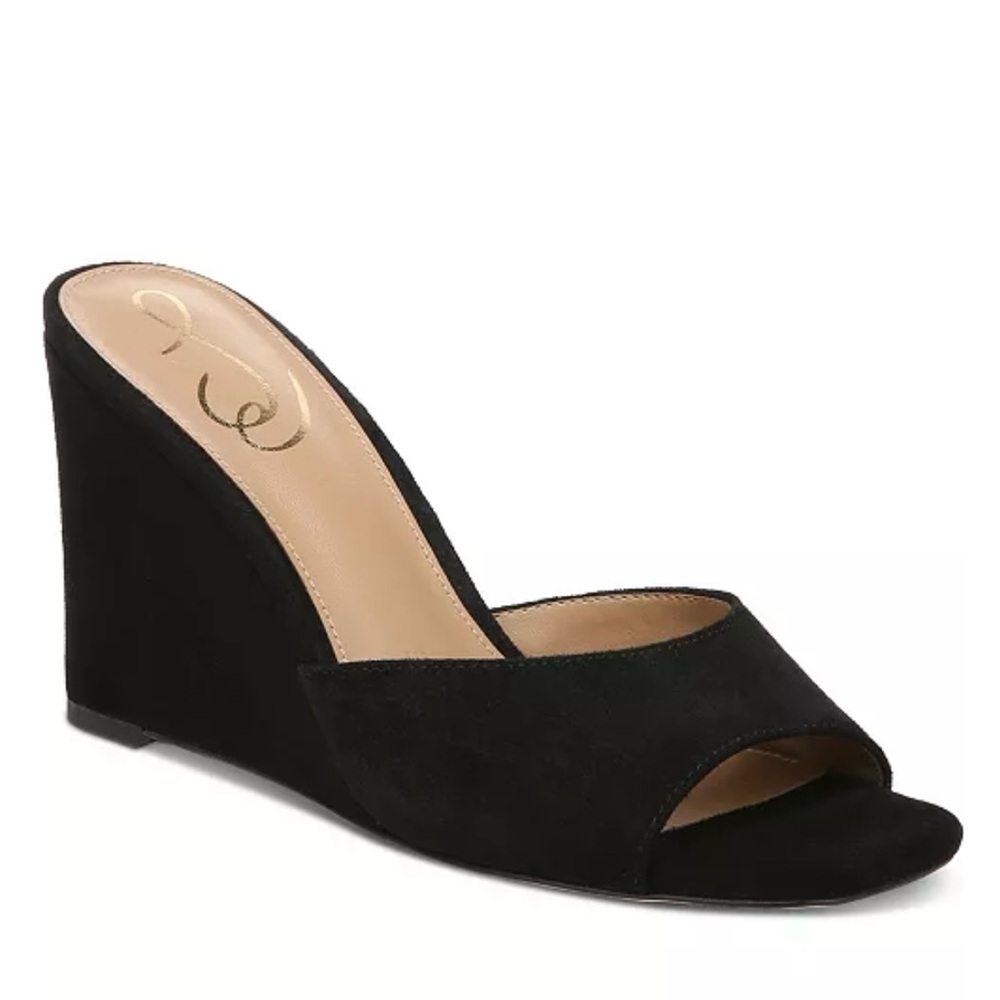 Sam Edelman Black Suede Wedge Sandals 4 inch heels.